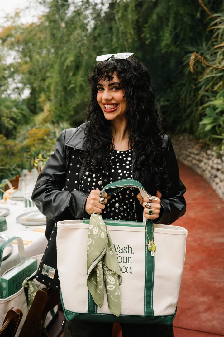Farmacy Beauty tote in the Flamingo Estate garden