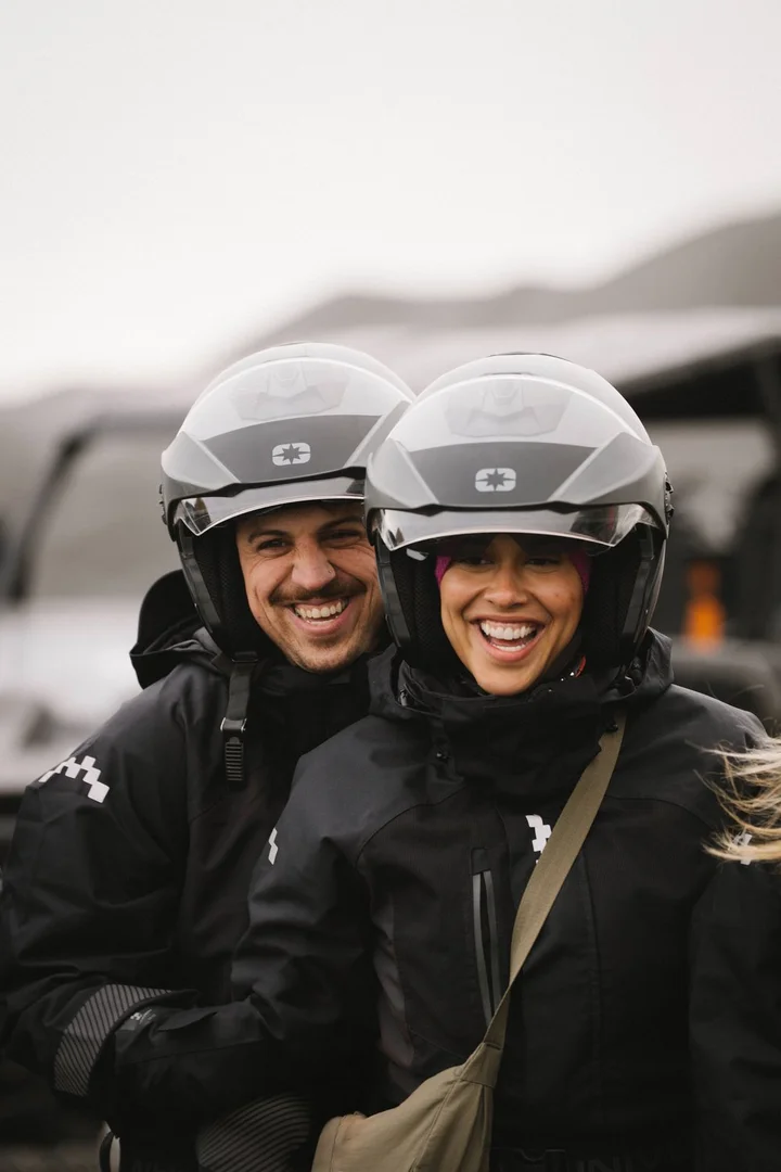 Creators geared up in helmets in Iceland